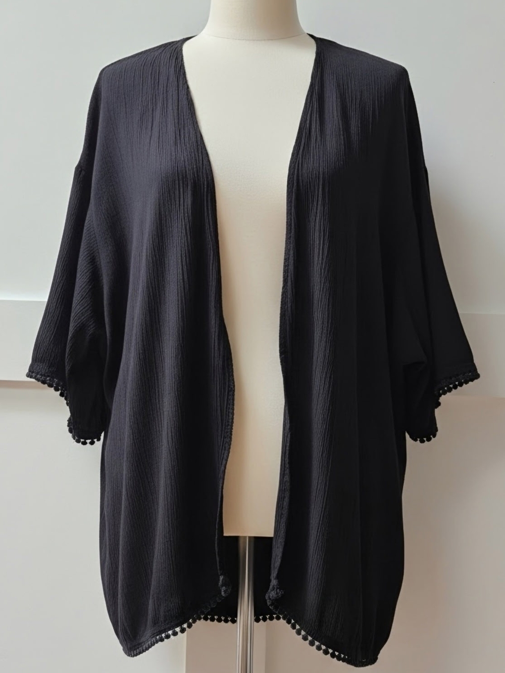 H&M Black Open-Front Kimono with Pom Pom Trim